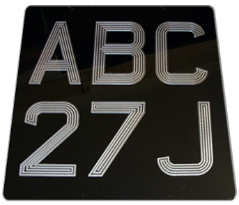 Black & Silver Digits on Acrylic with Engraved Lettering Motorcycle Number Plates (Digit Size 2 1/2'') Sizes Available: (9'' x 6'') (6 1/2'' x 6 1/2'') (9 1/2'' x 6 1/2'') (7 1/4'' x 6 1/2'')